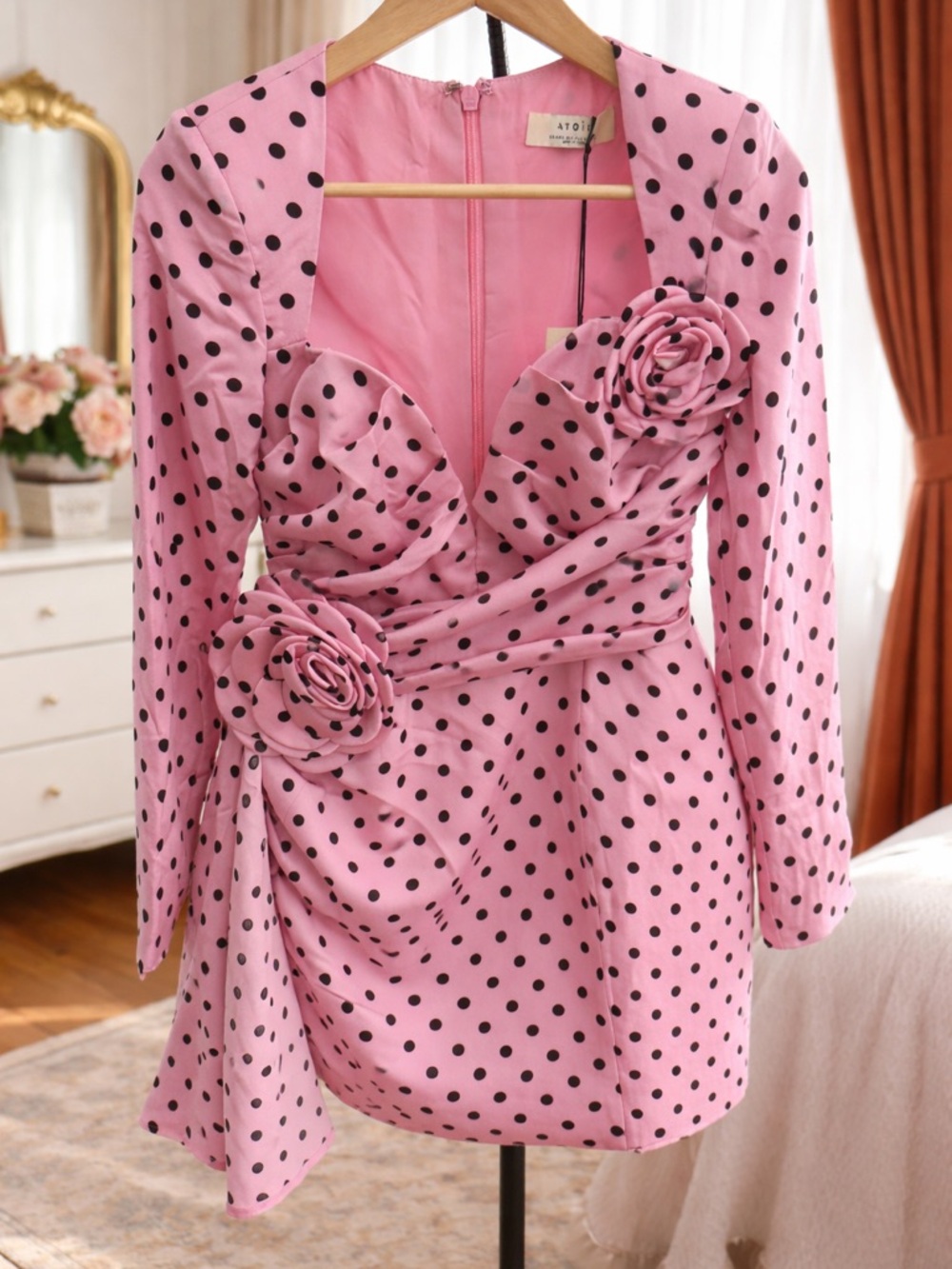 Atoir Pink Polka Dot Rosette Dress
